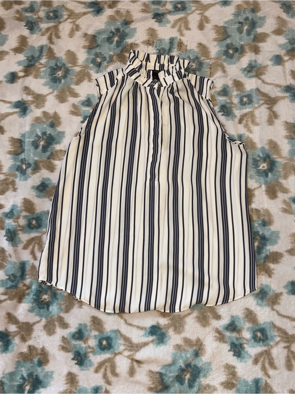 Ann Taylor Cream and Navy Striped Ruffle Mock Neck Camisole